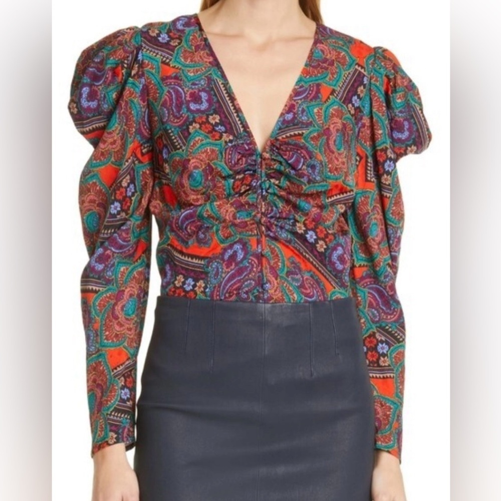 Veronica Beard Simmons Paisley Floral Silk Blend Top Puff Sleeves Y2K Size 4